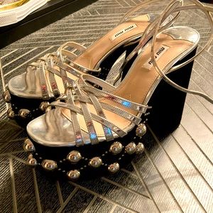 Miu Miu black suede with silver studs platform sandals